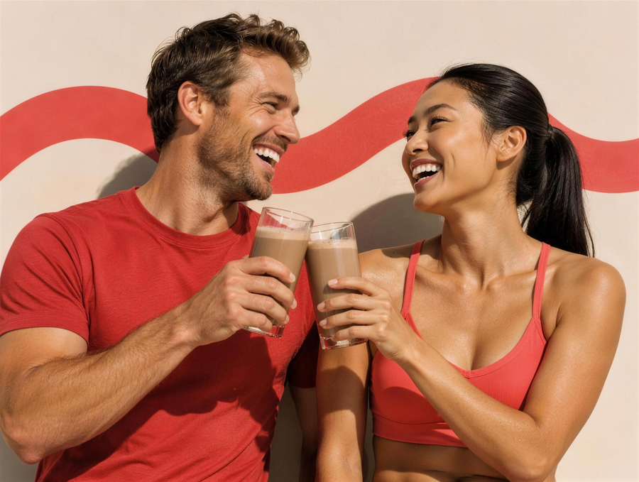 Two friends laughing over their shakes