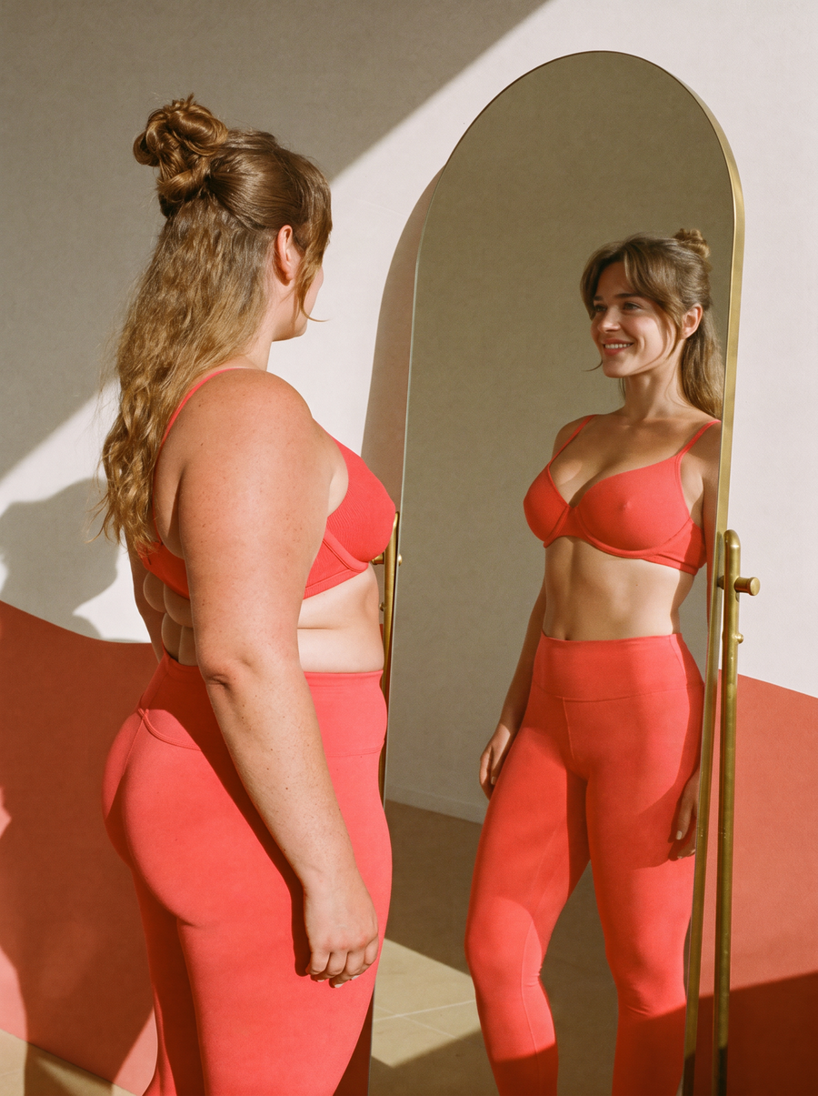 AI illustration: a woman in coral sportswear looks into an arched mirror, where her reflection is clearly slimmer and toned