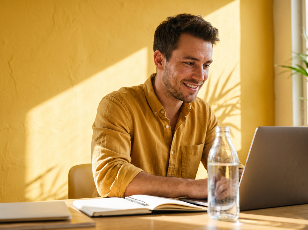 A man smiling at his desk in the sun
