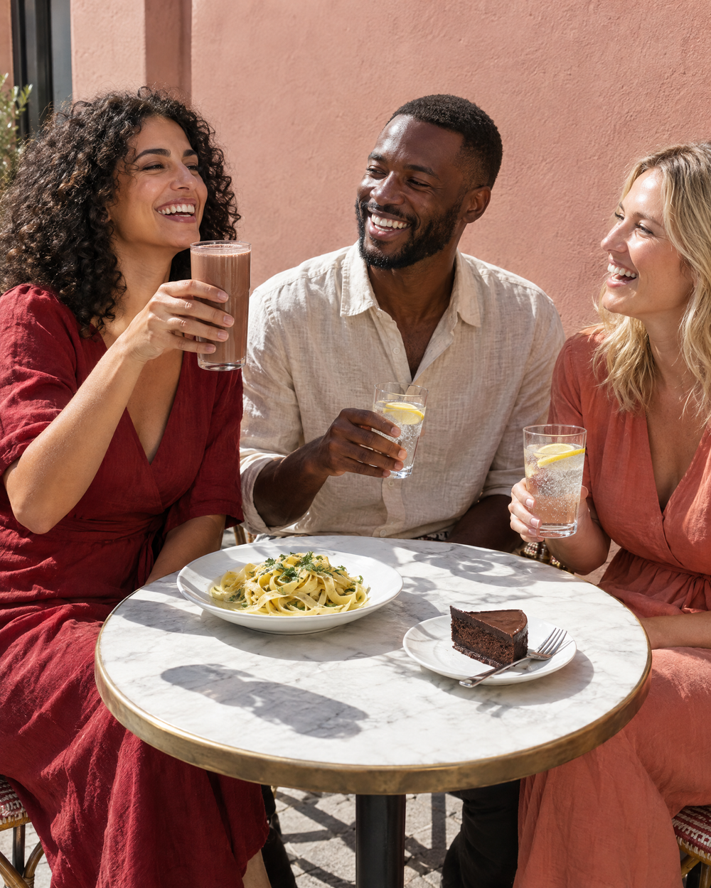 Three friends laughing over lunch on a café terrace, one raising a chocolate shake