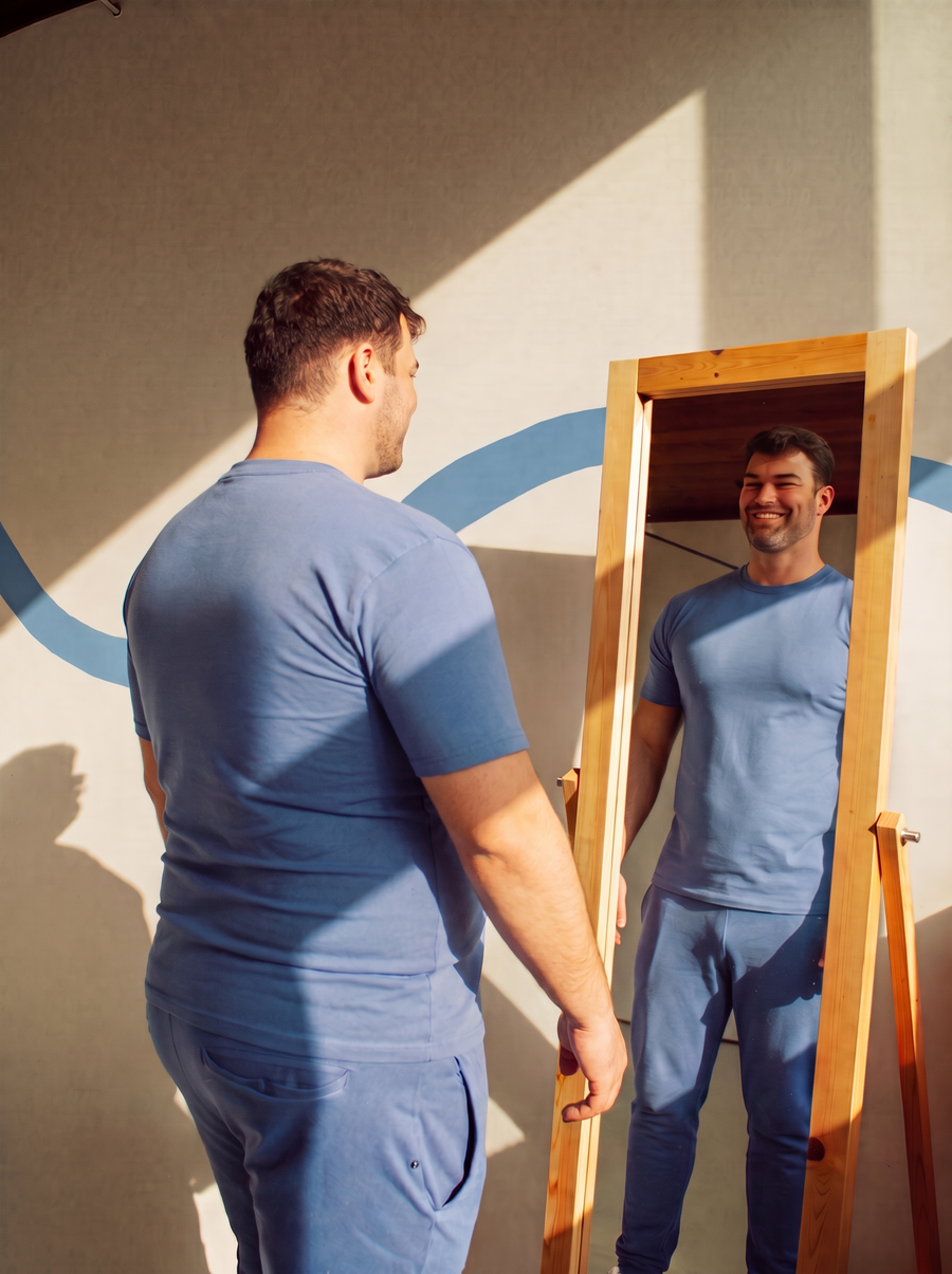 AI illustration: a man in a cobalt T-shirt looks into a standing mirror, where his reflection is leaner and fit
