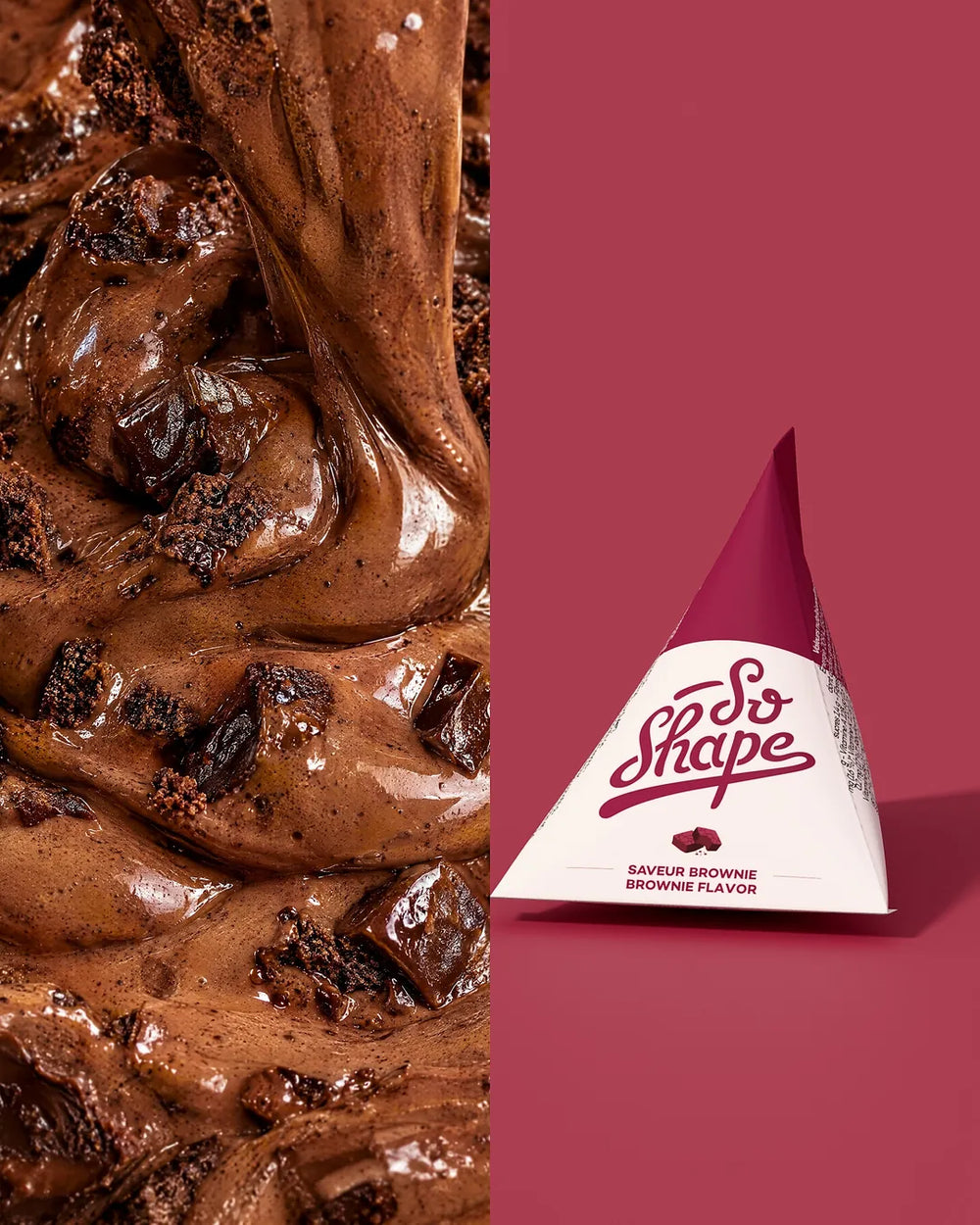 On the left, a close-up of a Brownie shake; on the right, the Brownie sachet